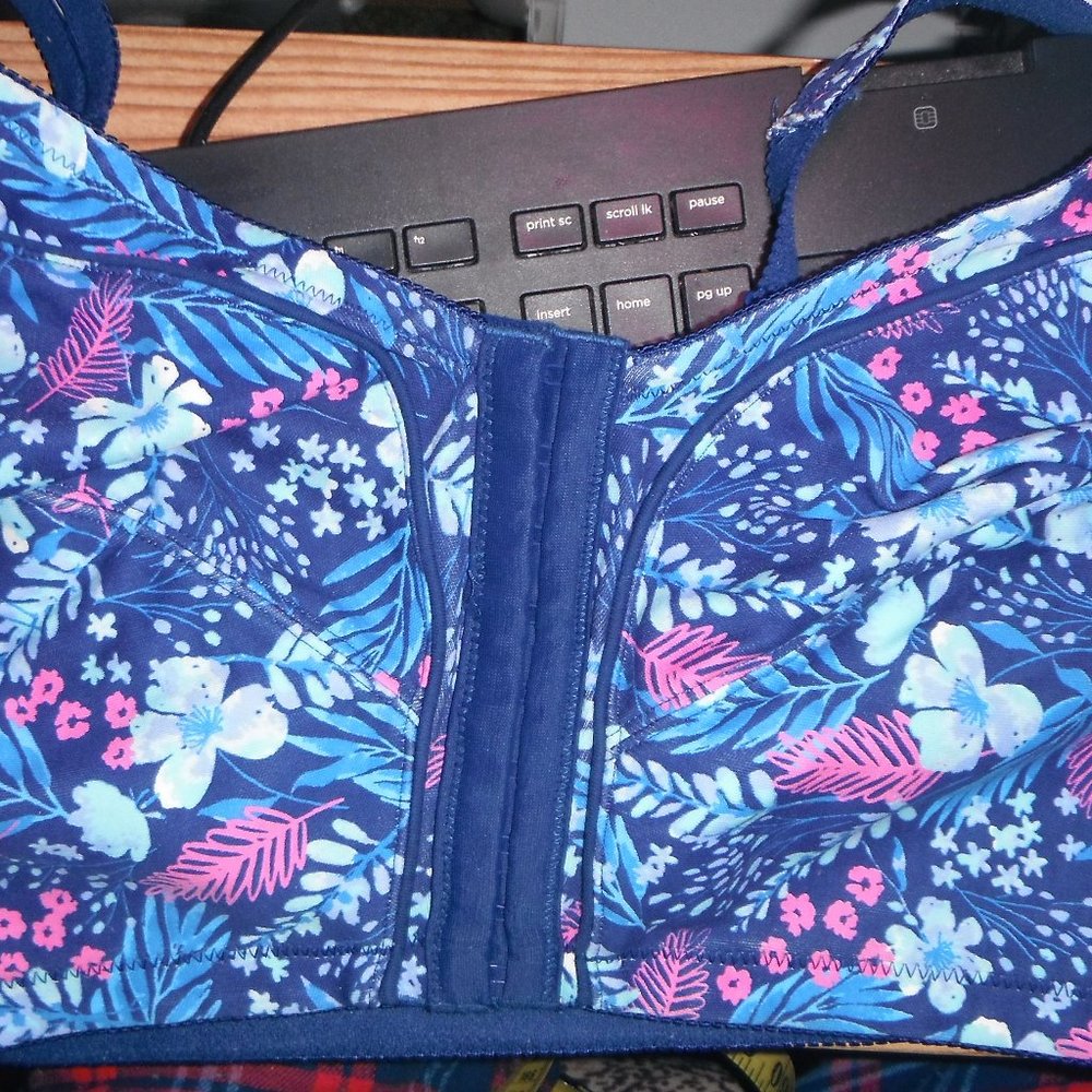 Comfort Choice 48DDD bra, front close, 100% cotton, navy w/multicolor floral